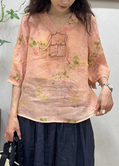 Pink Chinese Button Print Linen Shirt Half Sleeve