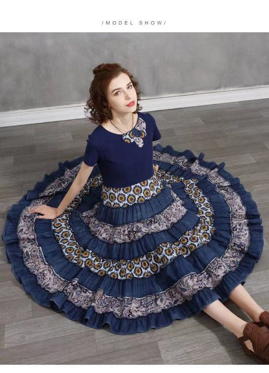 Blue O-neck Patchwork Cotton Vacation Pleated Dresses Short Sleeve