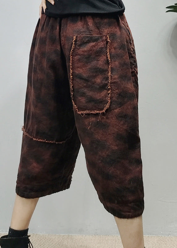 Retro Mulberry Elastic Waist Pockets Patchwork Linen Three Quarter Pants Spring