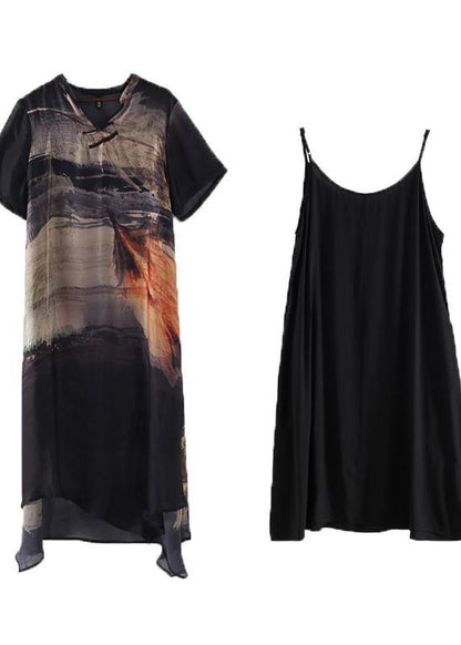 Black Silk Large Irregular Print Dress