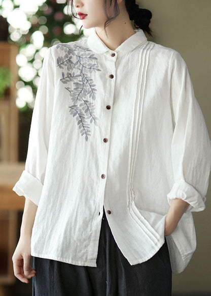 White Peter Pan Collar Embroideried Cotton Blouse Top Spring