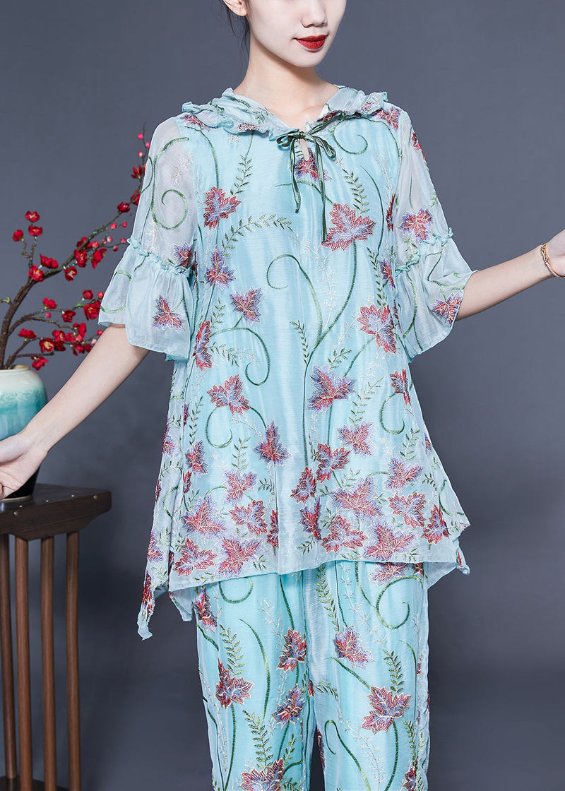 Light Blue Hooded Ruffled Print Silk Two Pieces Set Flare Sleeve