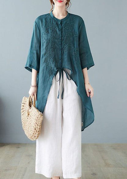 Italian Green Asymmetrical Tie Waist Linen Shirts Half Sleeve