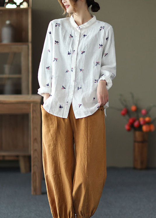 White Peter Pan Collar Embroideried Patchwork Linen Top Spring