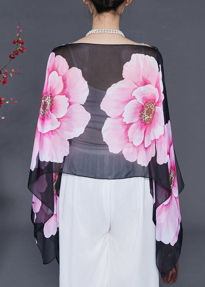 Fitted Black Nail Bead Chiffon Shirt Tops Batwing Sleeve