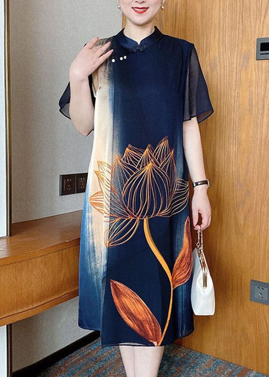 Navy Mandarin Collar Print Silk Holiday Dress Cloak Sleeves