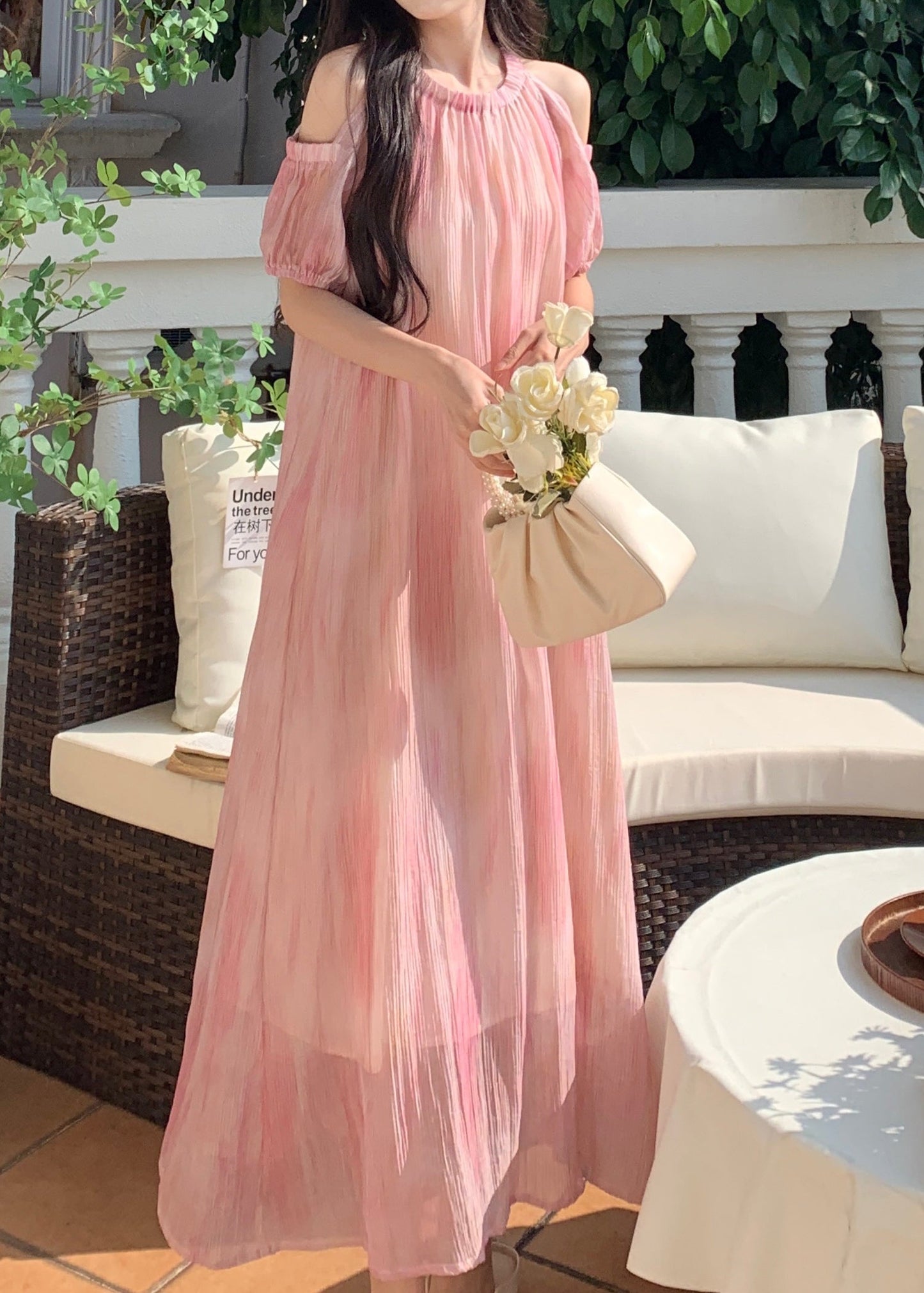 Style Pink Off the Shoulder Puff Sleeve Chiffon Dress