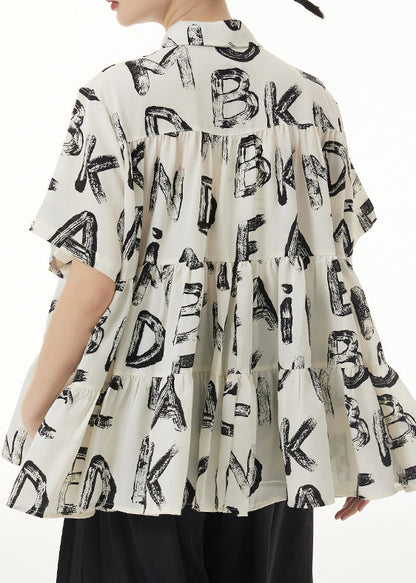 Beige Peter Pan Collar Print Wrinkled Patchwork Silk Shirts Summer