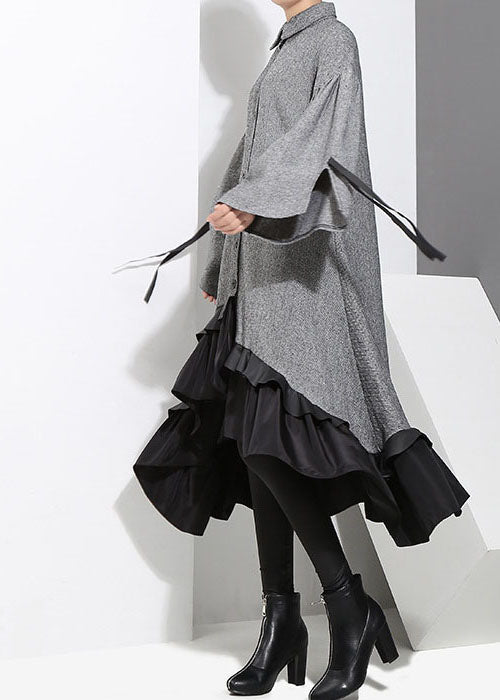 Art Grey Low High Design Ruffled Patchwork Shirt Dress Spring