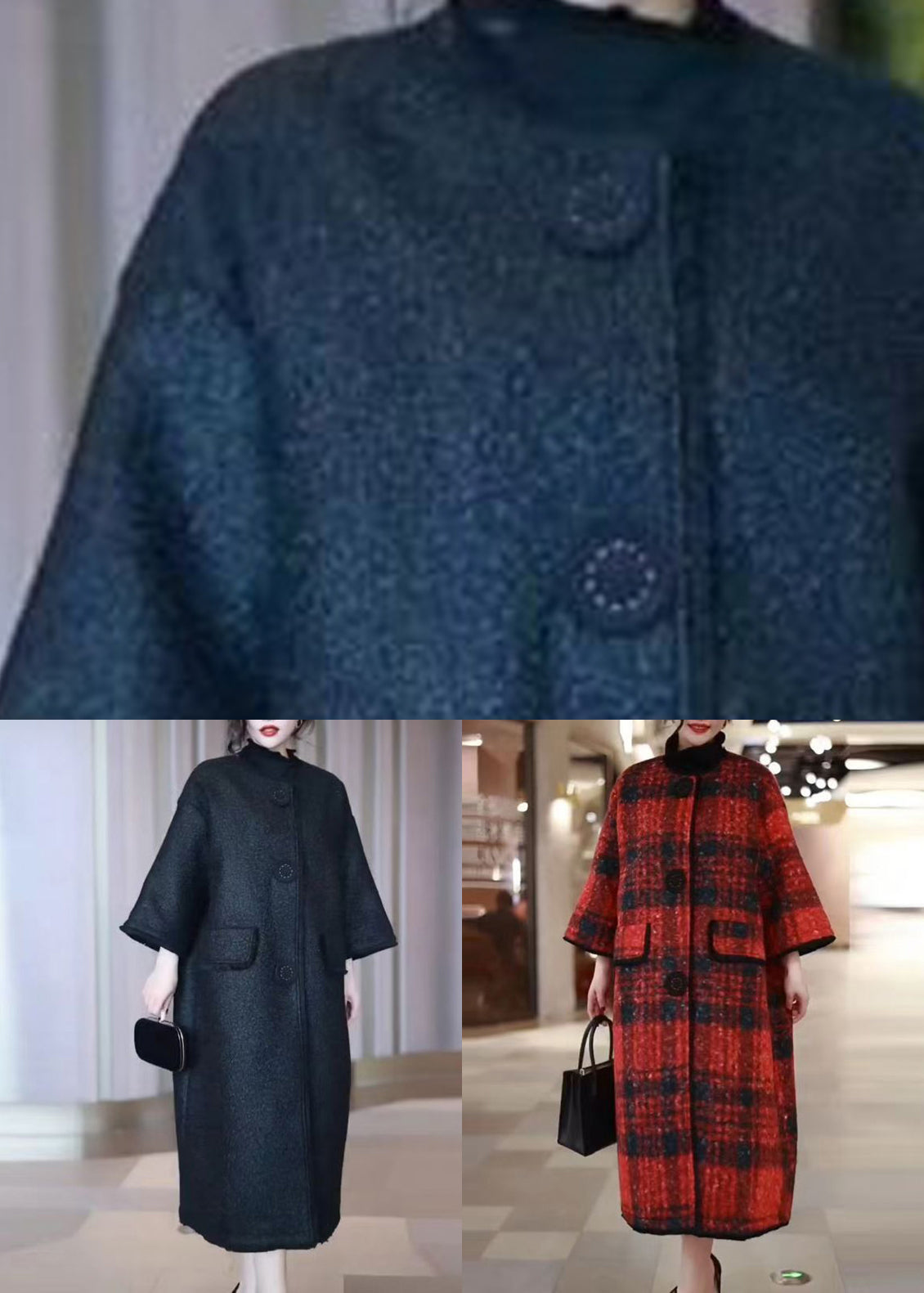 Red Plaid Pockets Woolen Winter Coat O Neck