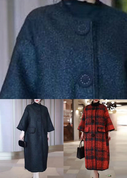 Red Plaid Pockets Woolen Winter Coat O Neck