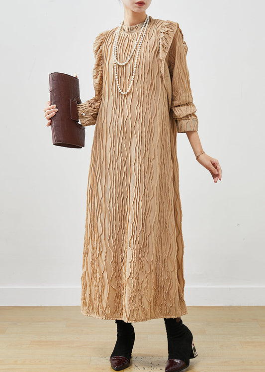 Khaki Ruffled Patchwork Cotton Party Dress Spring