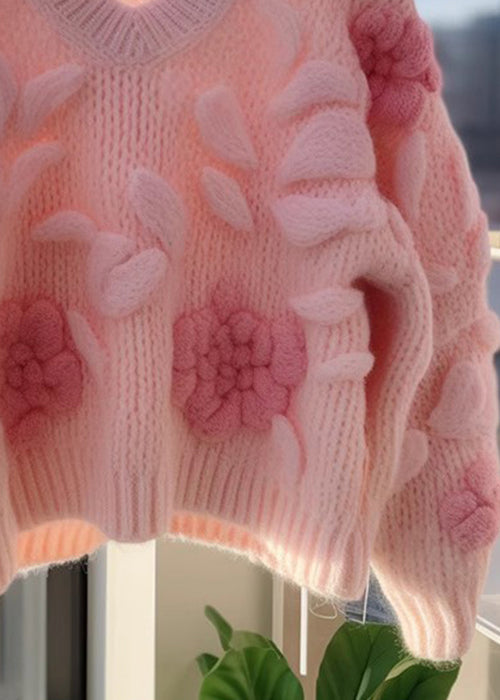 Pink V Neck Original Design Knit Cardigans Fall