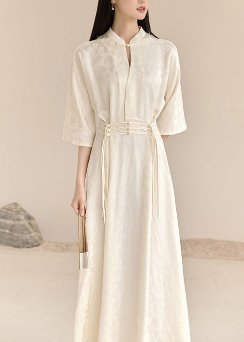 White Stand Collar Tasseled Patchwork Cotton Dress Fall
