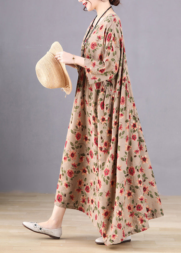 Coffee Print Wrinkled Long Holiday Dresses Spring