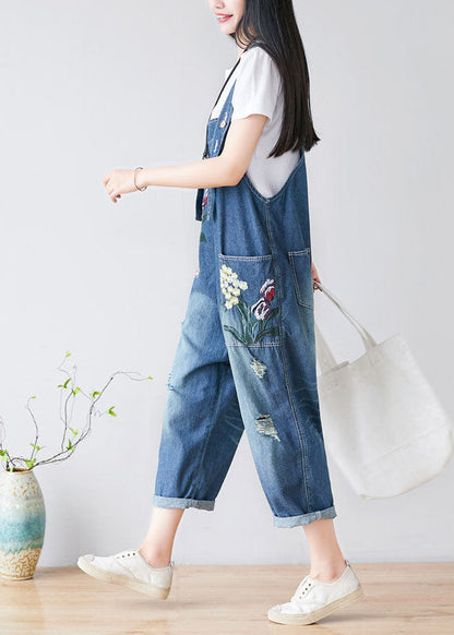 Blue Embroideried Cotton Denim Jumpsuits Spring
