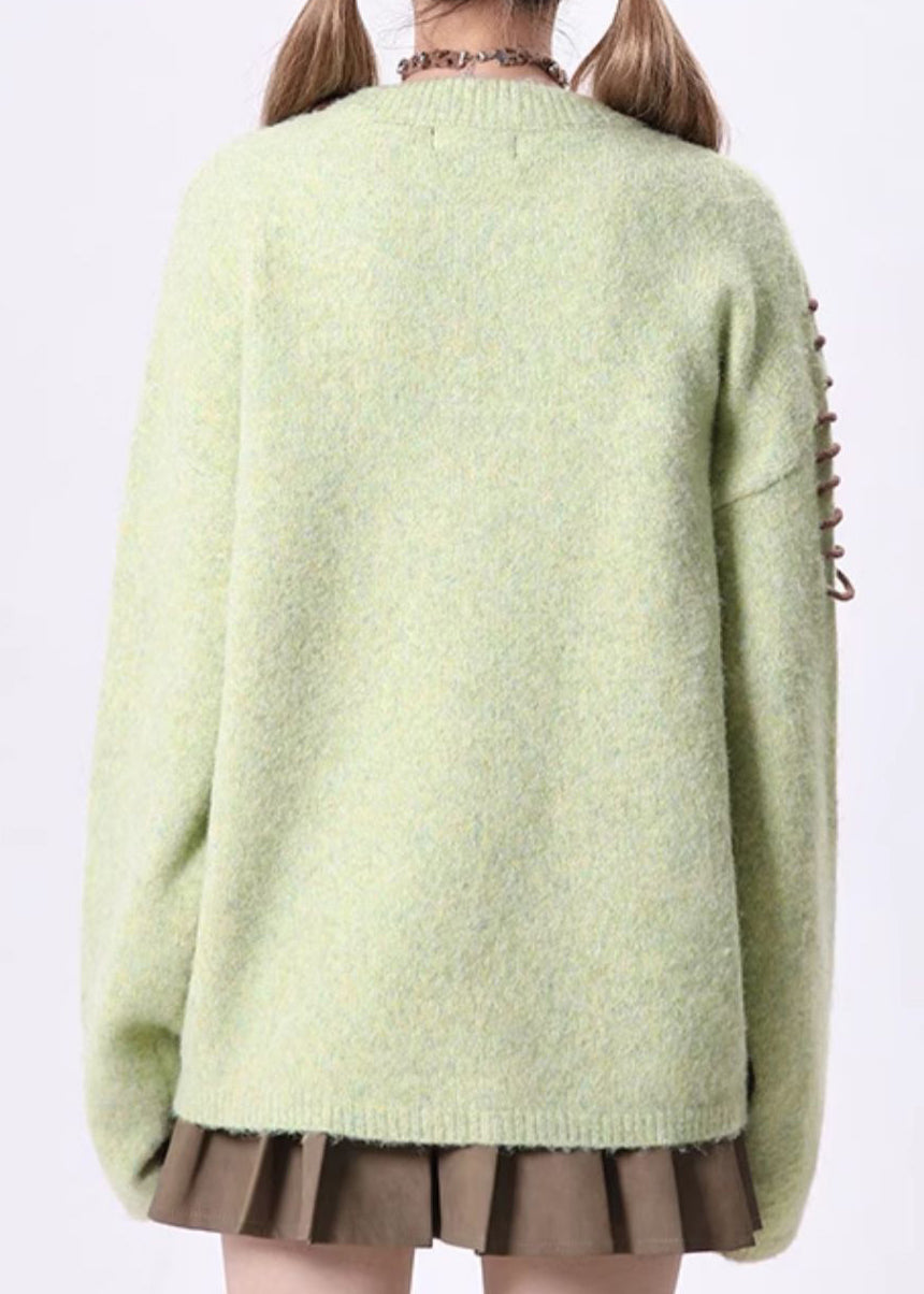 Novelty Green O Neck Lace Up Knit Sweaters Spring