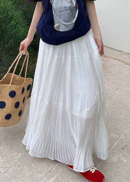 White Elastic Waist Chiffon Maxi Skirts Wrinkled