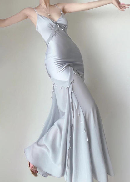 Blue Nail Bead Chiffon Patchwork Spaghetti Strap Dress Sleeveless