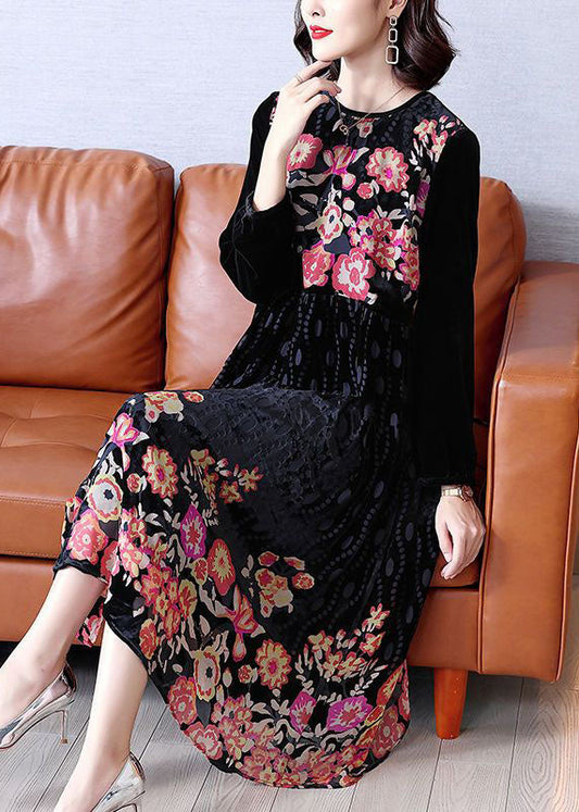 Organic Black O-neck Patchwork Print Velour Dresses Spring