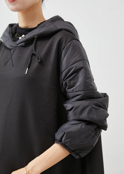 Black Hooded Patchwork Thick Cotton Pullover Sweatshirt Dress Fall