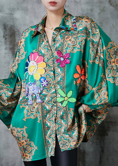 Green Oversized Print Chiffon Top Spring