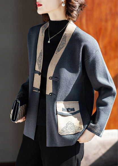 Charcoal Grey V Neck Print Pockets Woolen Coat Fall