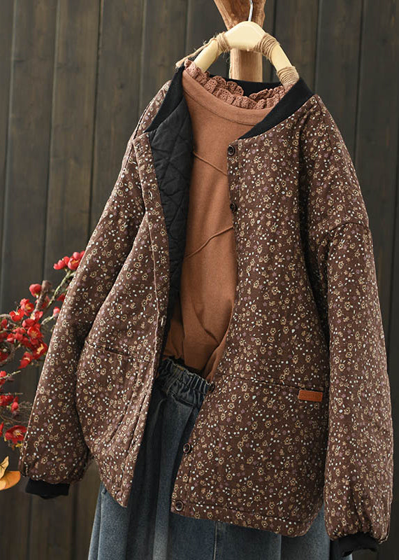 Coffee Pockets Print Fine Cotton Filled Coat Spring