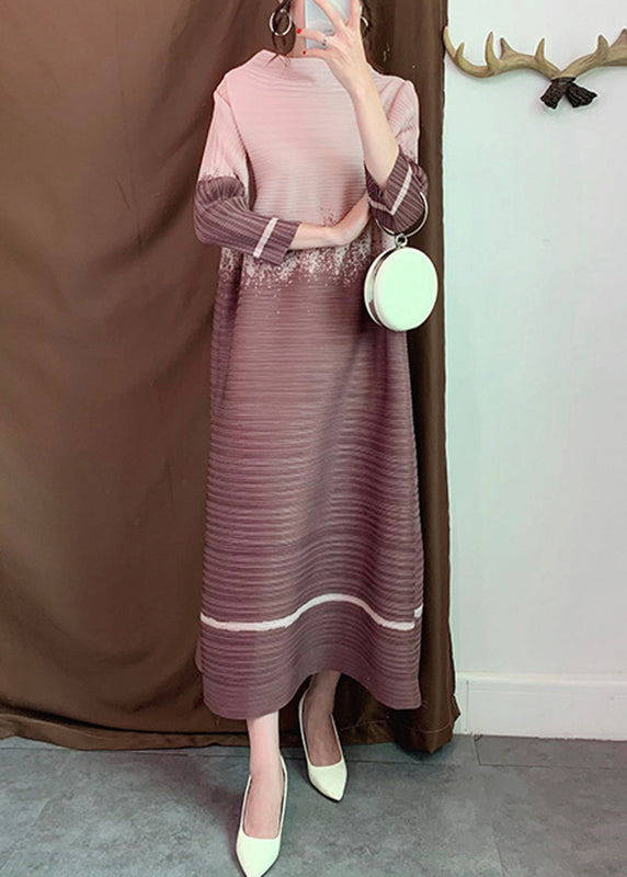 Khaki Slash Neck Gradient Color Long Dresses Long Sleeve