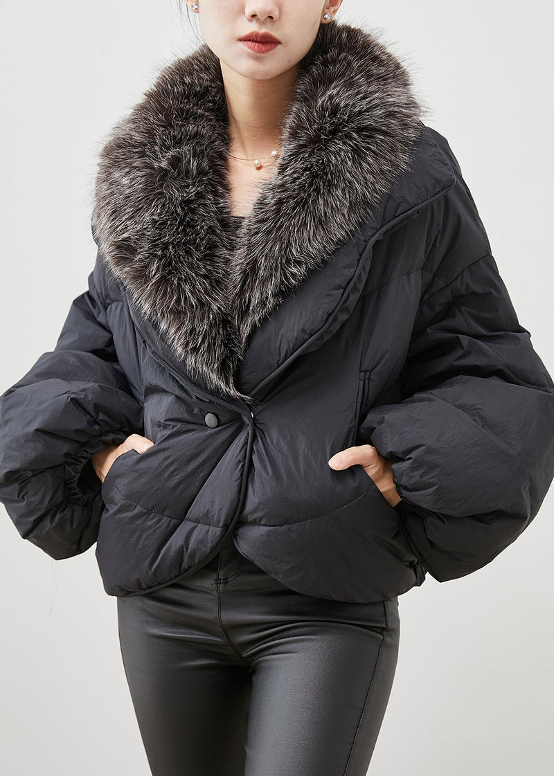 Black Rabbit Hair Collar Warm Duck Down Puffer Jacket Winter