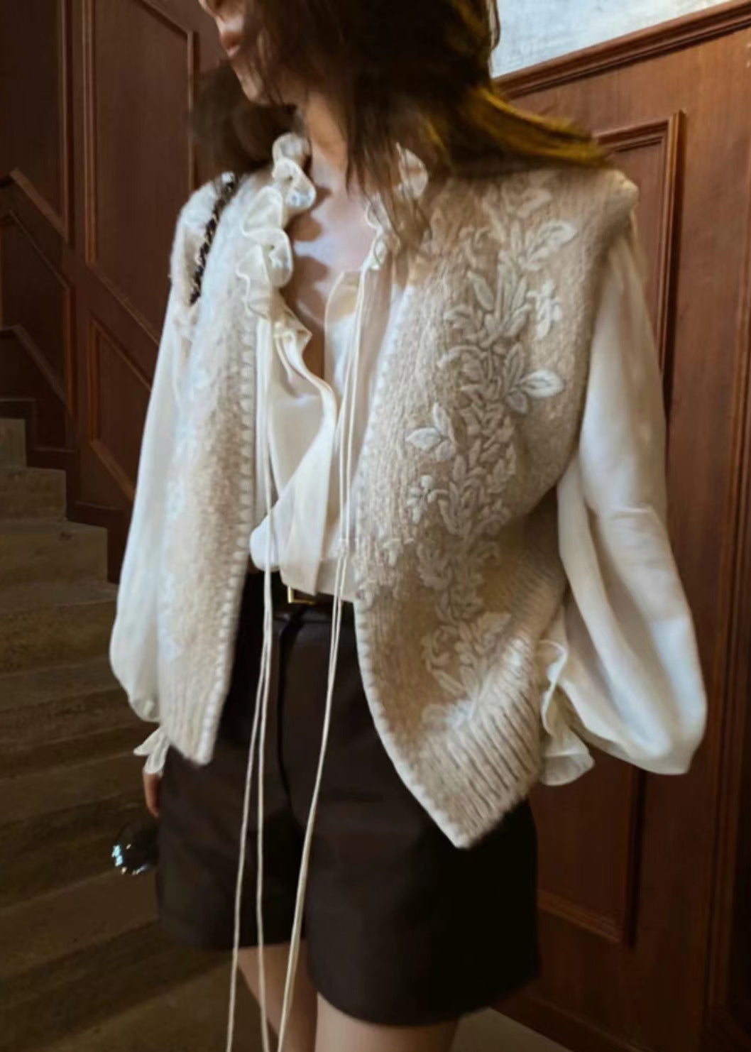 Art Beige Embroidered Ruffled Knit Two Piece Set Clothing Spring