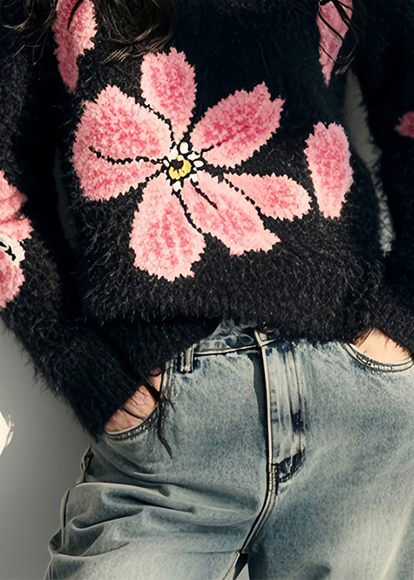 Stylish Black V Neck Ma Hai Mao Knit Sweater Spring