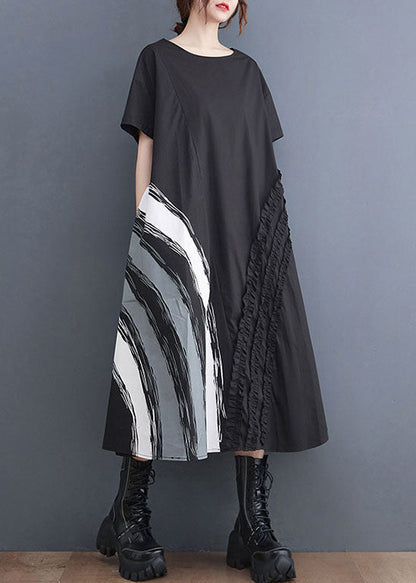 Modern Black O-neck Ruffled Print Cotton a Line Dress Short Sleeve