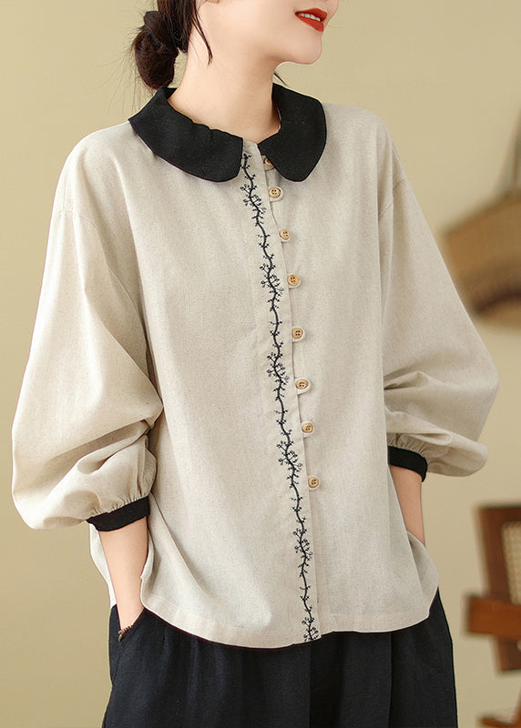 White Embroidered Patchwork Linen Shirts Spring