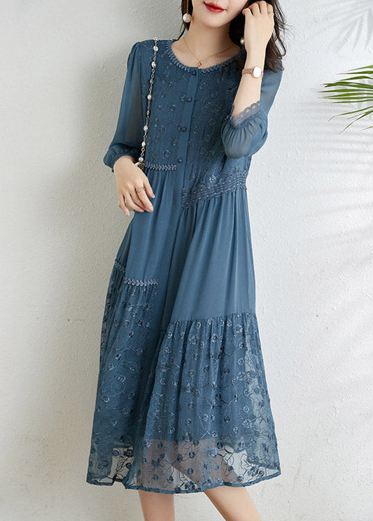 French Light Blue O-neck Asymmetrical Tulle Patchwork Chiffon Vacation Dresses Three Quarter Sleeve