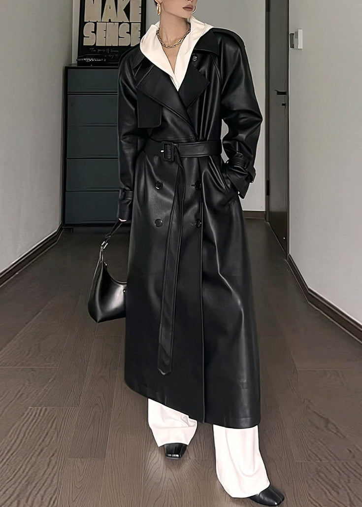 Black Peter Pan Collar Tie Waist Pockets Faux Leather Coat Fall