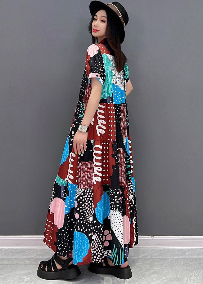 O-neck Print Button Long Dresses Short Sleeve