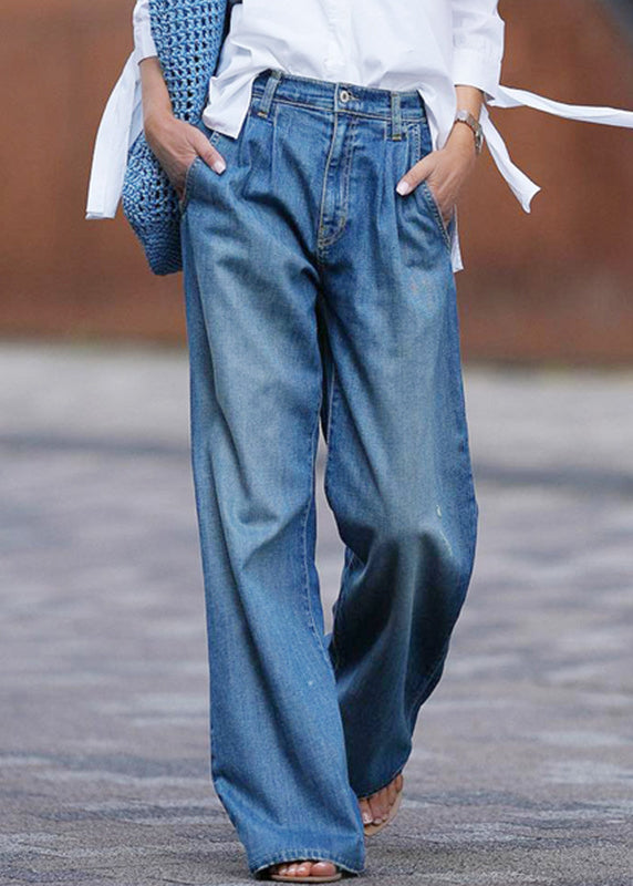 Blue Pockets Denim Wide Leg Pants Spring