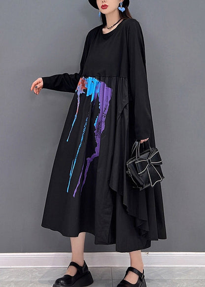 Classy Black O-neck Wrinkled Print Asymmetrical Patchwork Long Dresses Long Sleeve