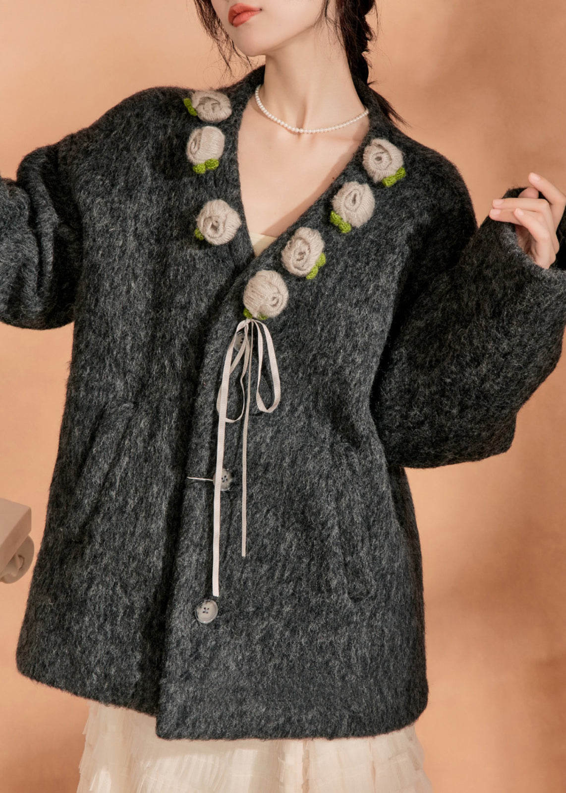 Black V Neck Pockets Woolen Coat Winter