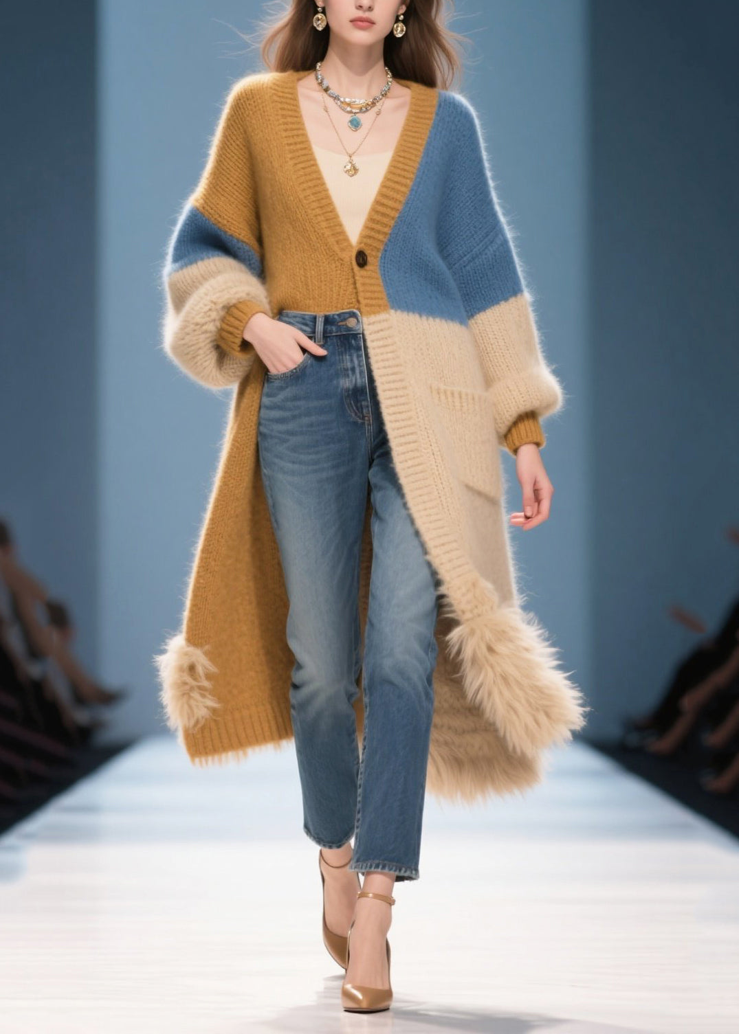Mixed Color Oversized Patchwork Faux Fur Knit Cardigans Winter