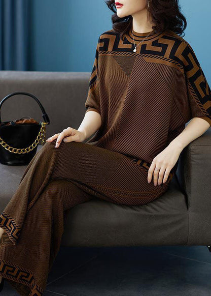 Chocolate Striped Silk Sweatshirt Two Pieces Set O-neck Original Design Fall