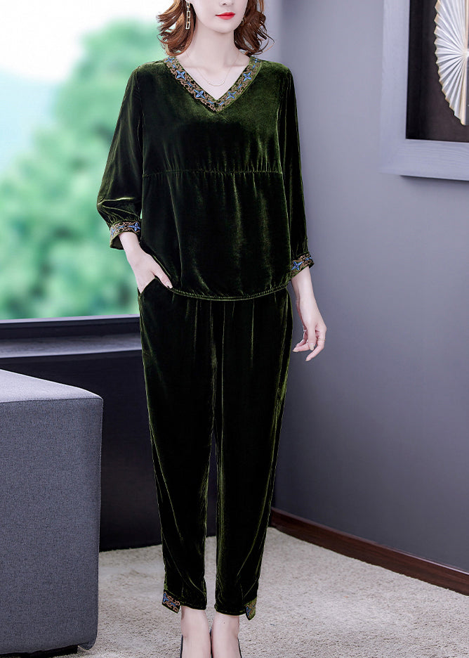 Simple Green Patchwork Silk Velour Pullover and Harem Pants Two Piece Set Fall