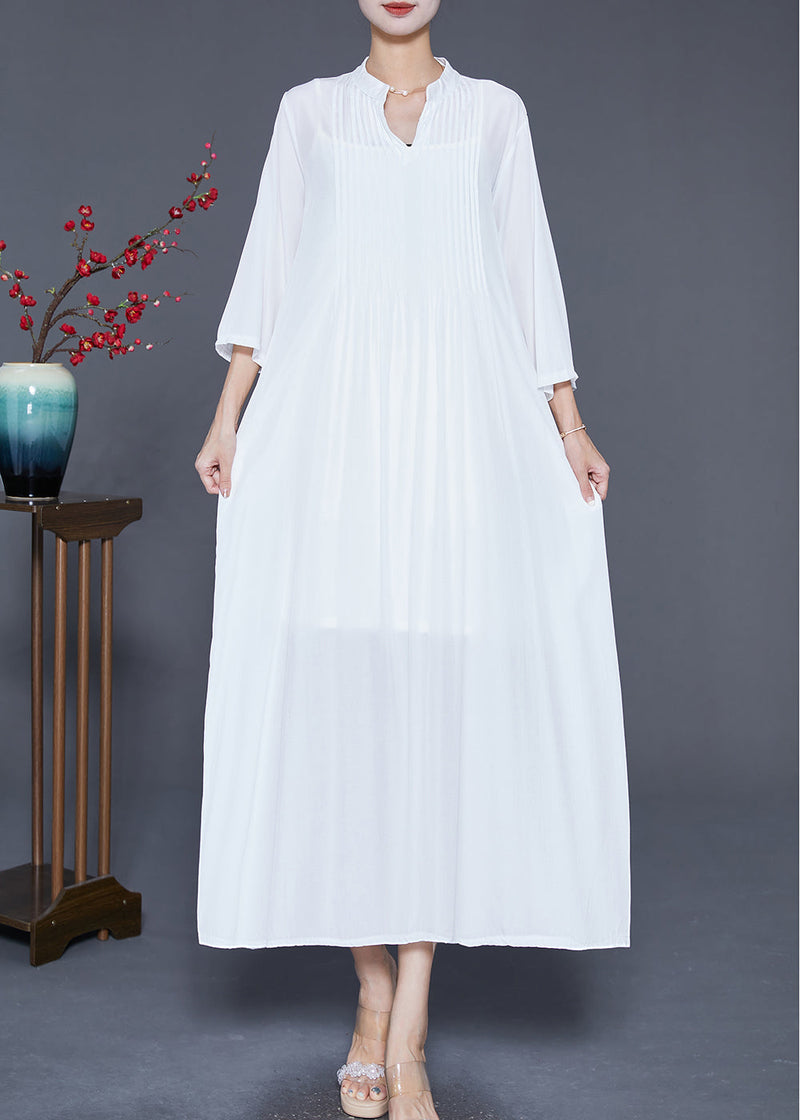 White Linen a Line Dresses Oversized Wrinkled Bracelet Sleeve