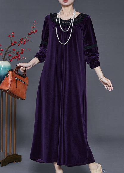 Dull Purple Patchwork Silk Velour Long Dress Oversized Fall