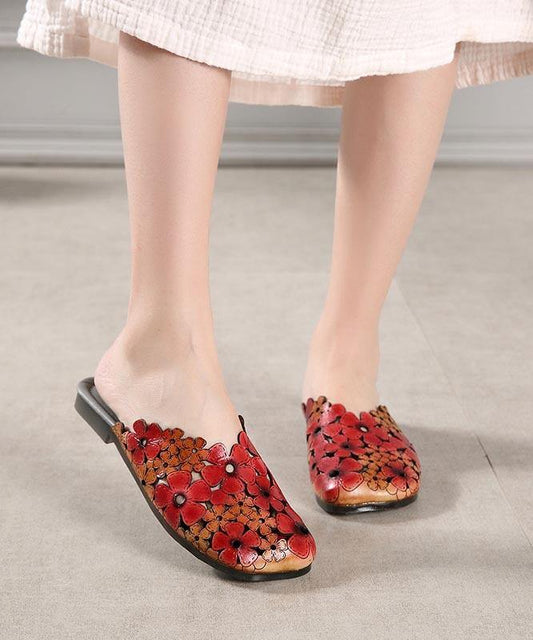 Red Cowhide Leather Hollow Out Slide Sandals