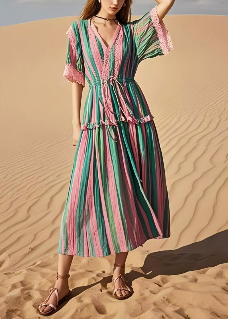 Rainbow Cinched Striped Cotton Holiday Dress Summer