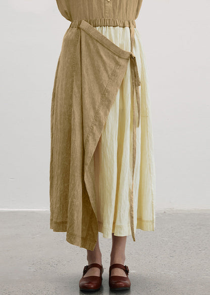 Camel Wrinkled Asymmetrical Patchwork Cotton Skirt Summer