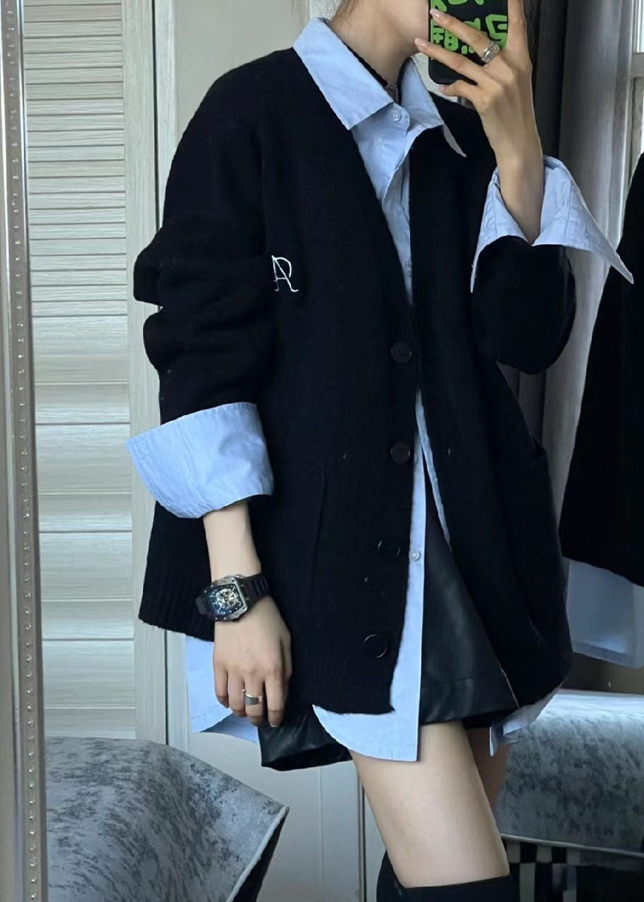 Simple Black V Neck Knit Cardigans and Blue Shirts Two Piece Set Fall