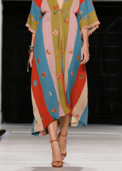 French Colorblock V Neck Patchwork Cotton Dress Summer